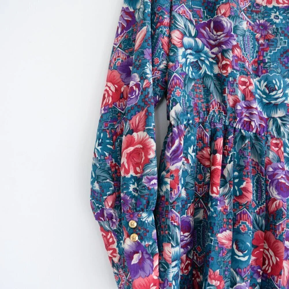 Vintage Schrader Teal Purple Floral Button Front Pleated Maxi Retro 80s Dress 18 - Picture 6 of 14